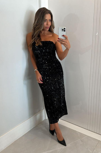 VESTIDO MIDI SEM ALÇAS VELUDO PAETÊ ITAIM PRETO